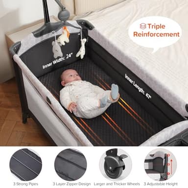 ELEMARA 4 in 1 Wide Baby Bassinet Bedside with Diaper Changer,Long Next to Bed Crib with Mattress,Sheet,Music and Blackout Cover,Playpen Travel Bed with Storage,XL Co Sleeper with 3 Adjustable Height - Image 3