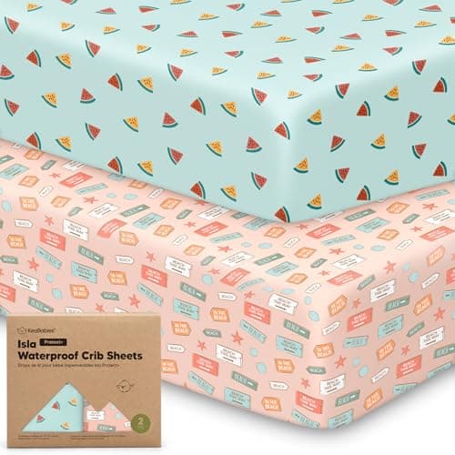 2-Pack Waterproof Baby Crib Sheets for Boys, Girls - 52x28 Viscose Derived from Bamboo Toddler Bed Sheet Neutral, Fitted Crib Mattress Protector Cover for Baby Bedding, Soft & Gentle (Beach Day) - Image 1