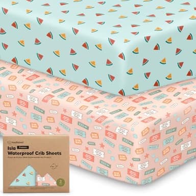 2-Pack Waterproof Baby Crib Sheets for Boys, Girls - 52x28 Viscose Derived from Bamboo Toddler Bed Sheet Neutral, Fitted Crib Mattress Protector Cover for Baby Bedding, Soft & Gentle (Beach Day) - Image 1