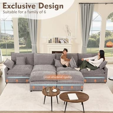 GOSUHI 142.5" U Shaped Couch, Modular Sectional Sofa, 3-Seater Comfy Cloud Couch with Movable Ottoman, Deep Seat Couches for Living Room, Chenille, Slate - Image 3