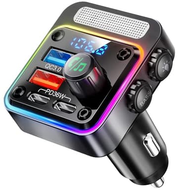 Nulaxy 54W Bluetooth 5.3 Car Adapter Charger 4-Port Fast Charging [PD36W & QC3.0 18W], Wireless Radio FM Transmitter with Deep Bass Player, 5 Colors LED Backlit, Hands-Free Calling, Support USB Drive - Image 1