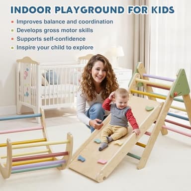 Pikler Triangle Set 7 in 1 Wooden Climbing Toys for Toddlers 1-3 Inside Baby Climbing Gym Montessori Foldable Climbing Set Baby Jungle Gym Indoor Philosophy Climber with Arch & Ramp & Ladder Climber - Image 6