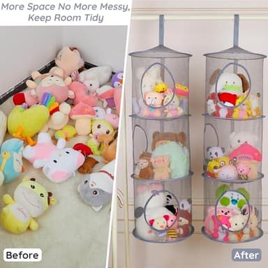 Basumee Stuffed Animals Net or Hammock 2 Pcs Stuffed Animals Storage Toy Net Hammock for Plushies Storage Organizer Mesh Kids Girls Room Decor, Gray, 3 Tiers - Image 7