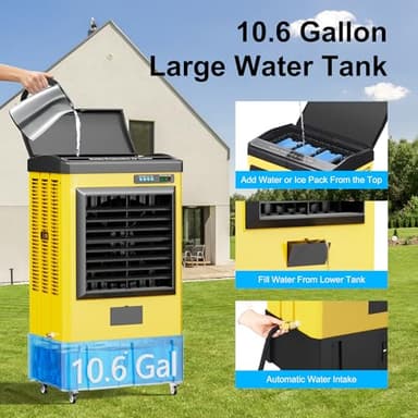 AKIRES 4800CFM Swamp Coolers,Evaporative Air Cooler for 970Sq.ft of Space,with Continuous Auto Fill,10.6-Gal Water Tank,120°Oscillation,3 Ice Packs,Cooling Fan for Outdoor,Indoor, Yellow(41IN) - Image 5