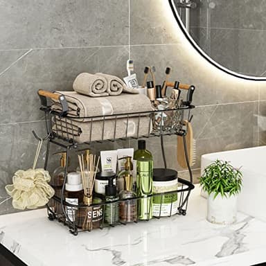 ANTOPY 2 Tier Fruit Basket with 2 Banana Hangers, Countertop Fruit Vegetable Basket Bowl for Kitchen Counter Metal Wire Fruits Storage Stand Holder Organizer for Bread Snack Veggies Produce - Image 7