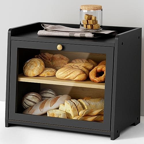 Goozii Black Bread Box for Kitchen Countertop, Large Bread Storage Container for Homemade Bread, Wood Farmhouse Breadbox Organizer for Kitchen Counter Corner, Cabinet, Pantry, Cupboard (Black) - Image 1