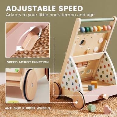 Tiny Land Wooden Baby Walker, Adjustable Speed Baby Push Walker for Boys and Girls, Montessori Activity Center Push Toy for Kids Development (Morandi) - Image 3