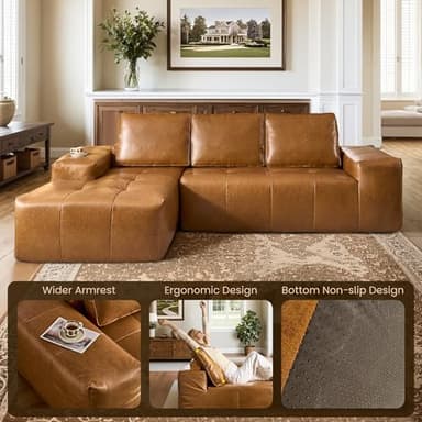 114" Boneless Couches for Living Room, Brown Faux Leather Cloud Sectional Couches with Chaise, Deep Seat L Shaped Modular Sofa, No Assembly Required Sofas in a Box (Left,Faux Leather,Brown) - Image 6