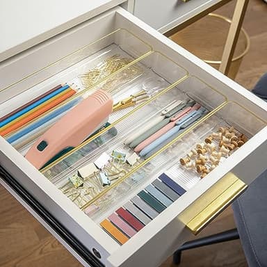 Martha Stewart Kerry Plastic Stackable Office Desk Drawer Organizers, 9" x 3", 8 Pack, with Gold Trim - Image 1