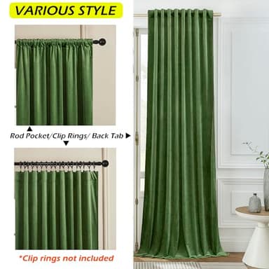 Timeper Moss Green Velvet Curtains - Room Darkening Curtain Panels Back Tab Design Luxury Curtains Drapes for Living Room, W52 x L96, 2 Panels - Image 2