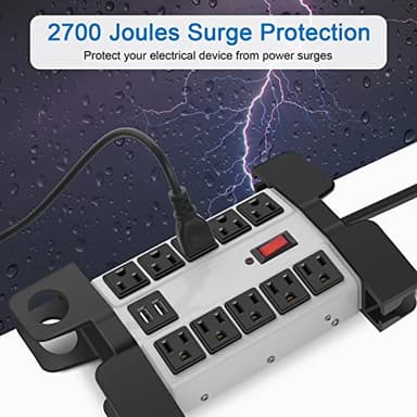 CCCEI Heavy Duty Power Strip with USB Ports, Garage 10 Outlets Surge Protector 2700 Joules, Industrial Workshop Metal 15Amp Multiple Outlets, 10 FT Extension Cord and Wide Spaced Grey. - Image 3
