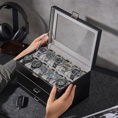ProCase 20 Slot Watch Box for Men, 3-Layer Watch Display Case with Glass Lid, Watch Holder with Drawer, Jewelry Storage Organizer for Watches Straps Rings -Black - Image 4