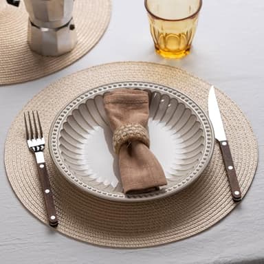 Baroyal Round Placemats Set of 12 Plastic Woven Placemats Washable Wipeable Table Mats for Dining Table Heat Resistant Non-Slip Circle Place Mats (Beige) - Image 2