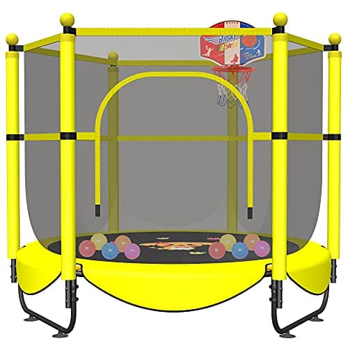 60" Trampoline for Kids, 5 FT Toddler Baby Trampoline with Safety Enclosure Net, Indoor or Outdoor Yellow Small Trampolines with Basketball Hoop, Birthday Gifts for Kids, Gifts for Boy Age 3-8 - Image 1