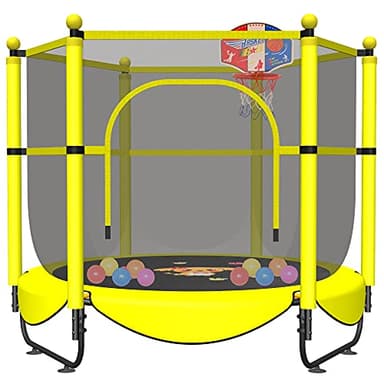 60" Trampoline for Kids, 5 FT Toddler Baby Trampoline with Safety Enclosure Net, Indoor or Outdoor Yellow Small Trampolines with Basketball Hoop, Birthday Gifts for Kids, Gifts for Boy Age 3-8 - Image 1