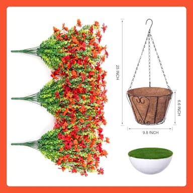 INXUGAO Artificial Fake Spring Hanging Flowers Plants with Basket Outdoor Flower Decor, Faux Silk Colorful Daisy in Metal Coconut Lining Pot Plastic Shrubs Decor Farmhouse Home Garden (Red Orange) - Image 5