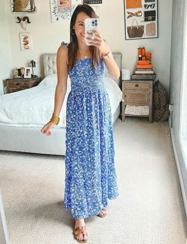 Tobrief Maxi Dress for Women Floral Dresses Square Neck Summer Strap Beach Dress Blue Floral L - Image 3