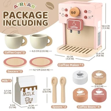 Airlab Kids Coffee Playset Toy Coffee Maker Set for Toddler Wooden Kitchen Accessories Pretend Play for Girls Boys Ages Birthday Gifts Pink - Image 2