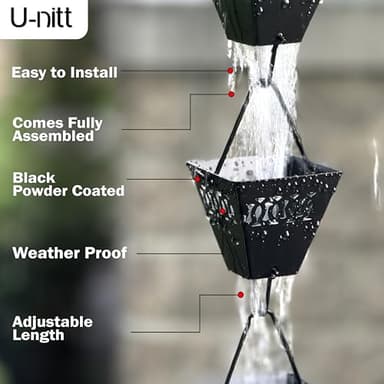 U-nitt Rain Chain Water Collection for Gutters, Rainwater Catcher & Diverter, 8.5 FT Chains for Outside Garden, Black Square Cups, Roof Downspout, Works with Heavy Rain, w/Gutter Clip for Rainchains - Image 6