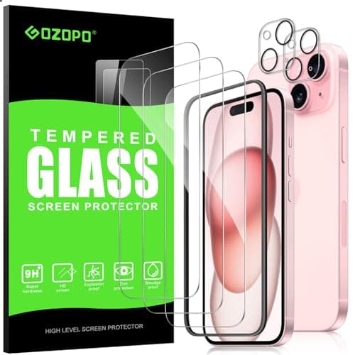 GOZOPO for iPhone 15 (6.1 inch), 3 Screen Protector + 2 Lens Protector, with Easy Installation Tool, HD Clear, 9H Hardness, No Bubbles - Image 1