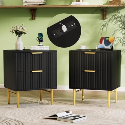 HQZX Black Nightstand Set of 2 with Charging Station, Fluted Nightstand with Drawers, Modern Bedside Table with Gold Legs, End Table for Bedroom - Image 1
