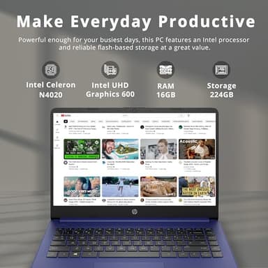 HP Stream 14" Micro-Edge HD Laptop, Intel Celeron N4020, 16GB RAM, 224GB Storage (64GB eMMC & 160GB Docking Station Set), 1 Year Office 365, Webcam, Wi-Fi 5, Bluetooth, Windows 11, Blue - Image 3