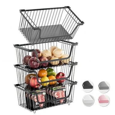 4 Pcs Stackable Wire Baskets for Pantry Organizers and Storage,Vegetable Fruit Basket for Countertop,Kitchen Storage Metal Baskets,Produce Potato Onion Storage Bin,Black - Image 1