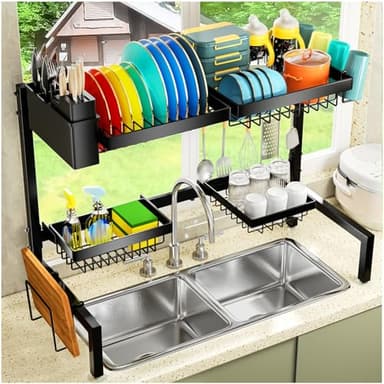 YKLSLH 4 Baskets Over The Sink Dish Drying Rack, Extendable Large Capacity Sink Rack, Metal Drying Rack Saving Space,for Most Sinks (24.8 "-35.4") - Image 1