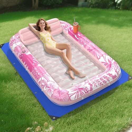 Inflatable Tanning Pool Lounger Float with Protection Tarp, 85" x 57" Pool Floats Adult with Pillow, 6 in 1 Suntan Tub Raft Floatie, Sunbathing Water Bed Lounge Blow Up Kids Ball Pit Party Gifts-Pink - Image 1