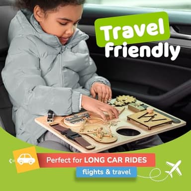 Montessori Busy Board for Toddlers, Premium Wooden Toddler Busy Board for 1 2 3 Year Old with 10 Educational Activities for Fine Motor Skills, Sensory Activity Toy for Travel, Gift for Boys & Girls - Image 4