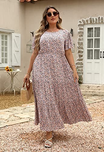 Nemidor Plus Size Maxi Dresses for Curvy Women Summer Casual Boho Ditsy Floral Print Layered Flared Long Dress with Pocket(304,24,Pink Print) - Image 3