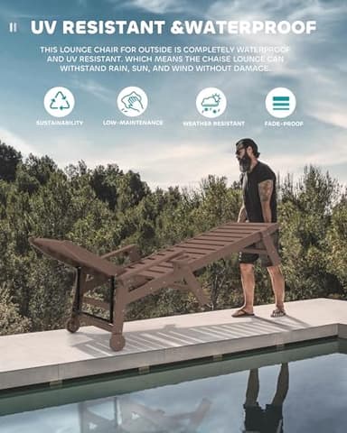 SERWALL Patio Chaise Lounge Chair Set of 2, 78'' Long 5-Positions Adjustable HDPE Outdoor Lounger for Pool, Poly Lounge Chair with Rolling Wheels & Cup Holder for Poolside, Deck, Coffee Brown - Image 7