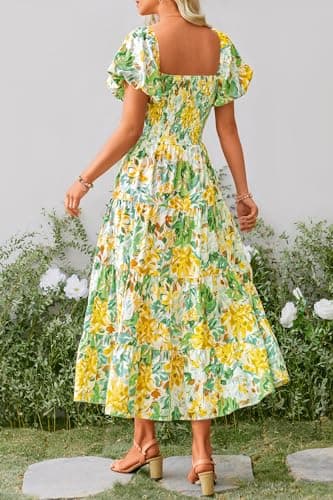 PRETTYGARDEN Women's Casual Summer Midi Dress Puffy Short Sleeve Square Neck Smocked Tiered Ruffle Dresses (Floral Yellow,Large) - Image 2