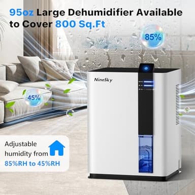 NineSky Dehumidifier for home, 98 OZ Dehumidifier for Room, Dehumidifiers for Bathroom, Bedroom, Basement (800 sq. ft.) with Auto Shut Off, 5 Colors LED Light(H2 White) - Image 4