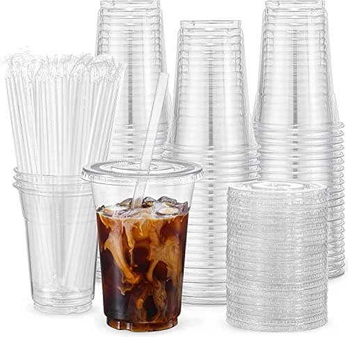 VITEVER 100 Sets - 12oz Clear Plastic Cups with Lids and Straws, Disposable Cups for Iced Coffee, Smoothie, Milkshake, Cold Drinks - Image 1