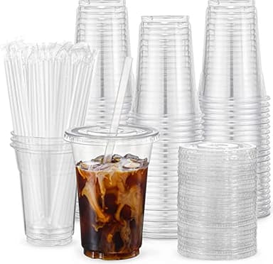 VITEVER 100 Sets - 12oz Clear Plastic Cups with Lids and Straws, Disposable Cups for Iced Coffee, Smoothie, Milkshake, Cold Drinks - Image 1