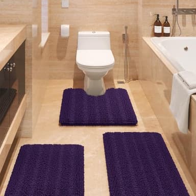 Striped Eggplant Purple Bathroom Rug Set 3 Pieces Ultra Soft, Non Slip Chenille Bath Carpet, Absorbent Plush Shaggy Bath Mats for Bathroom, Toilet, Bedroom, Kitchen - Image 1
