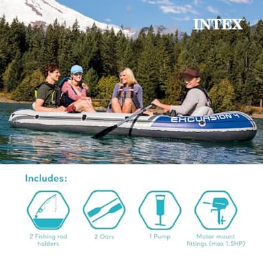 INTEX 68324EP Excursion 4 Inflatable Boat Set: Includes Deluxe 54in Boat Oars and High-Output Pump – Adjustable Seats with Backrest – Fishing Rod Holders – 4-Person – 1100lb Weight Capacity - Image 4