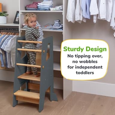 Toddler Standing Tower - Adjustable Height Toddler Kitchen Stool Helper - Ideal Kids Kitchen Step Stool for Learning New Skills - Updated Design with Safety Feet - Gray - Image 3