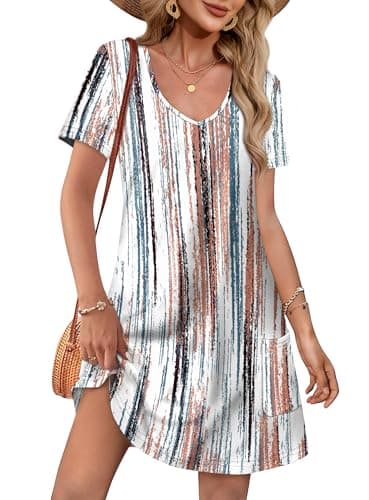 OFEEFAN Womens Dresses 2025 Loose V Neck Short Sleeve T Shirt Casual Summer Dress Beach Vacation Clothes Sundresses with Pockets Fashion Floral 10 M - Image 1