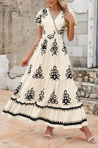 PRETTYGARDEN Womens 2025 Summer Casual V Neck Boho Maxi Dress Flowy Aline Bell Sleeve Tiered Floral Dresses with Pocket (Floral Apricot Black,X-Large) - Image 7