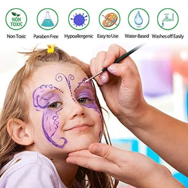 VOLLUCK Face Paint Kit, Water Based Facepaint Makeup Kit with 30 Vibrant Colors, 10 Brushes & 6 Stencils, Easy to Use and Clean Body Paint for Halloween, Birthday, Cosplay, Festivals - Image 2