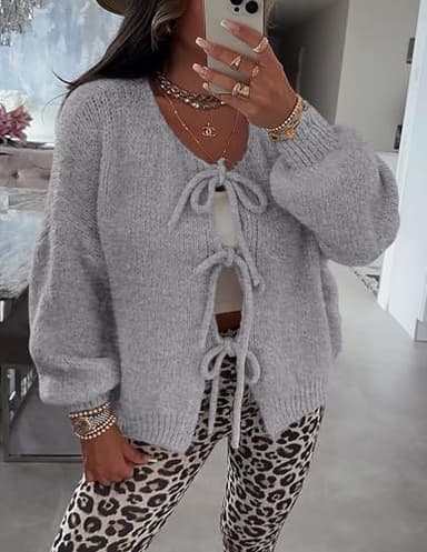 PRETTYGARDEN Women's Tie Front Bow Cardigan Sweaters Chunky Knit Long Puff Sleeve Trendy Fall Winter Jacket Coats (Grey,Small) - Image 8