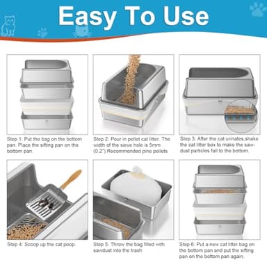 XL All Stainless Steel Sifting Litter Box with Lid,Sifting Cat Litter Box for Wood Pine Pellets,High Sides Sifter Litter Pan System,Odor Control,Easy to Clean,with Liners and Scoop - Image 5