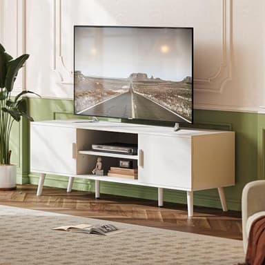 SUPERJARE TV Stand for 55 Inch TV, Entertainment Center with Adjustable Shelf, 2 Cabinets, TV Console Table, Media Console, Solid Wood Feet, Cord Holes, for Living Room, Bedroom, White - Image 2