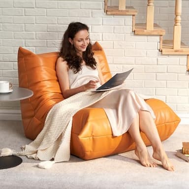 Hobestluk Bean Bag Chair Giant Bean Bag Sofa Memory Foam Bean Bag Couches for Adults, Leather Bean Bag Chairs for Living Room Bedroom Dorm Office (Orange) - Image 3