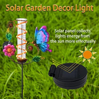 BAYN 36.3” Rain Gauge Outdoor Solar Powered 10 LEDs 7” Tube Garden Butterfly Metal Decorative Stake with Waterproof Large Glass Tube Rain Guage for Yard, Garden, Patio, Lawn - Image 2