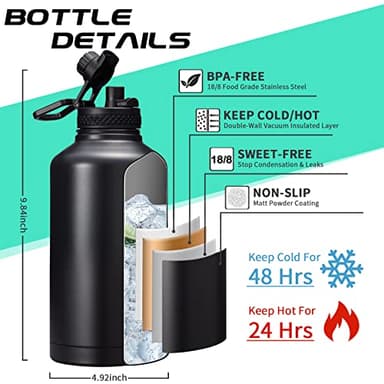 DIGJUPER Insulated Water Bottle 64oz - w/Paracord Handle, Straw & Spout Lids, Carrier Bag, Half Gallon Sport Stainless Steel Water Flask Jug, Thermo Mug Double-wall Vacuum Water Bottle - Image 2