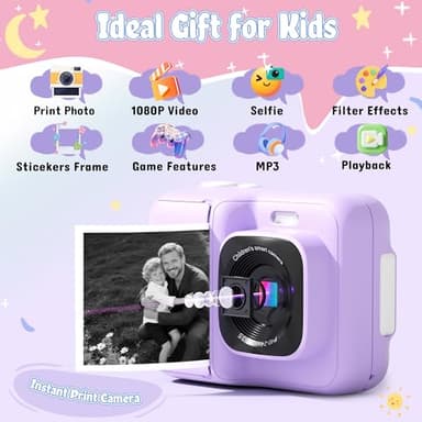 ETIKEZ Kids Camera, 1080P Instant Digital Print Camera for Kids, Christmas Birthday Gifts for 4 5 6 7 8 9 10 Year Old Girls Boys, Portable Toy with 32GB SD Card & 3 Rolls Printing Paper, Purple - Image 2