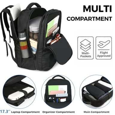 MATEIN Carry on Backpack, Flight Approved Travel Backpack with USB Port, TSA Personal Item Travel Bag fits 17" Laptop, Large Water Resistant Luggage Overnight Weekender Bag for Men & Women, Black - Image 3